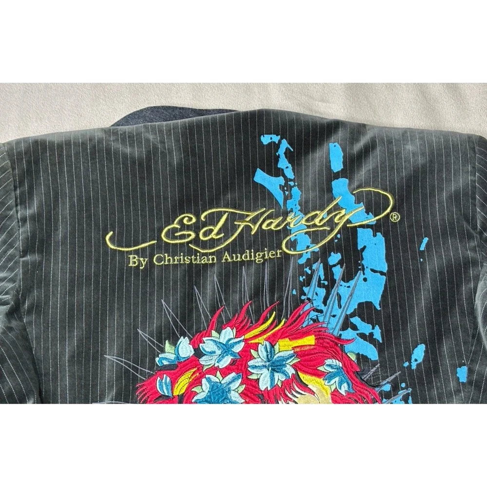 Ed Hardy Christian Audigier Suit Jacket Blazer Black Velvet Embroidered Size XL